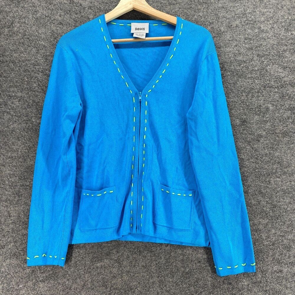 Shego's Cardigan Women M Medium Blue Full Zip V-Neck Long Sleeve Pockets Rayon